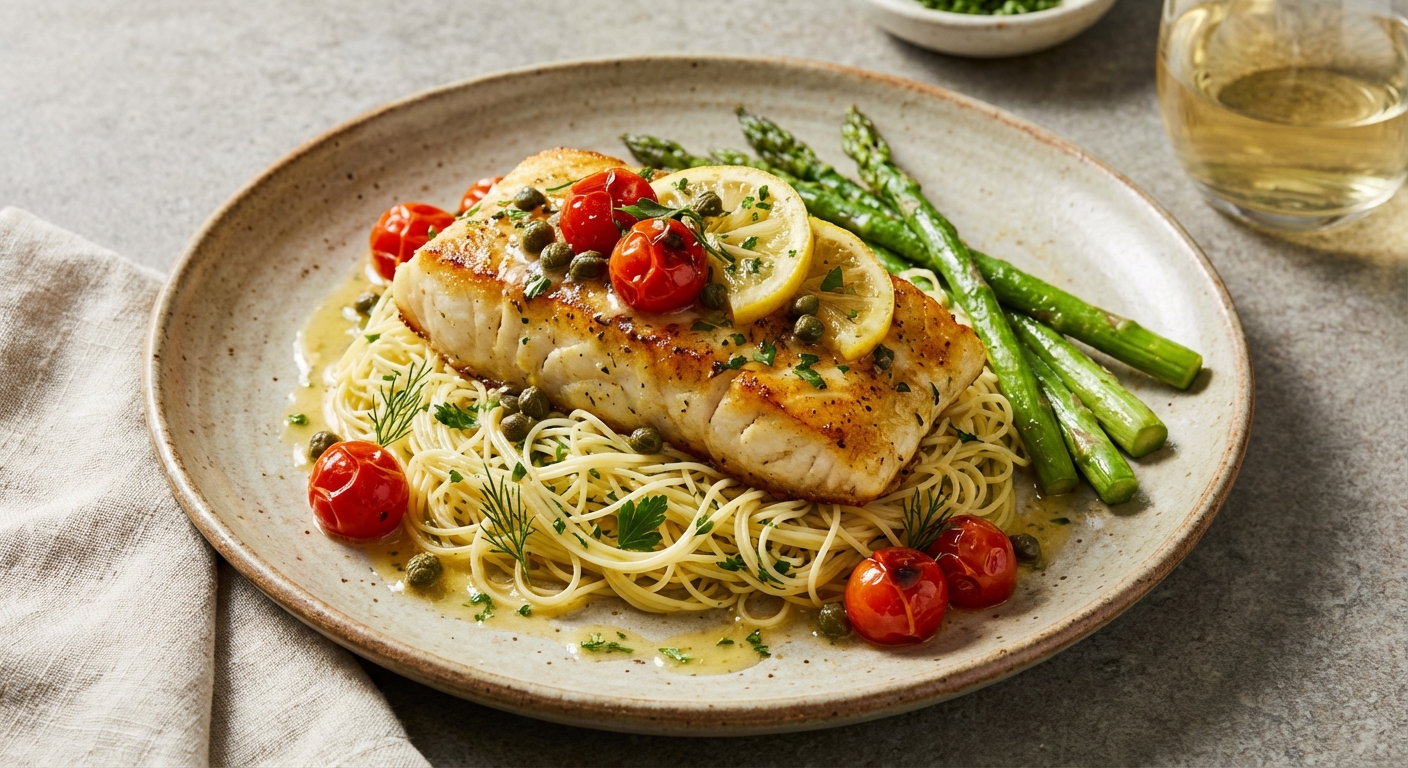 Lemon-Garlic Pan-Seared Cod with Herbed Angel Hair Pasta