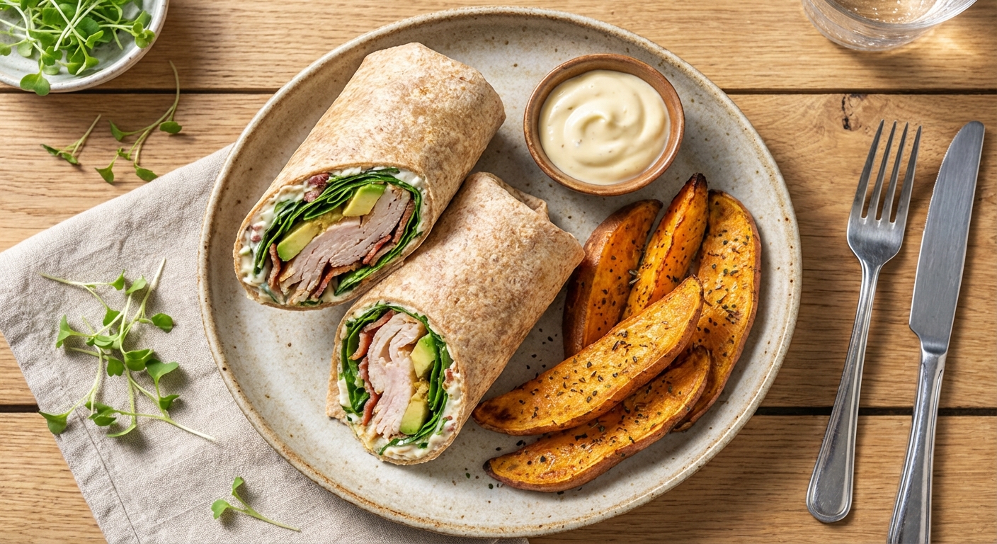 Turkey & Avocado Whole-Wheat Wrap with Roasted Sweet Potato Wedges