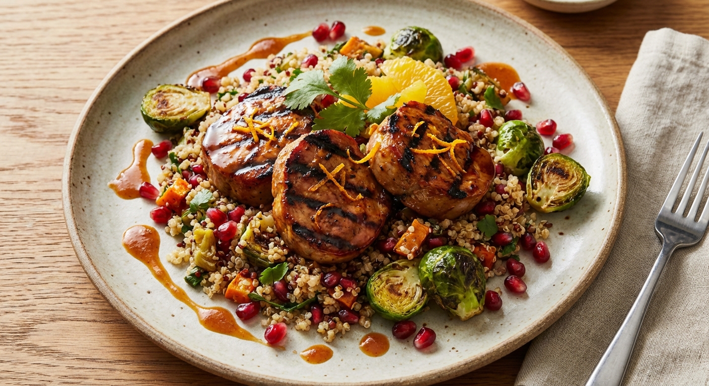 Grilled Ancho‑Orange Pork Medallions with Warm Quinoa Salad, Charred Brussels & Pomegranate