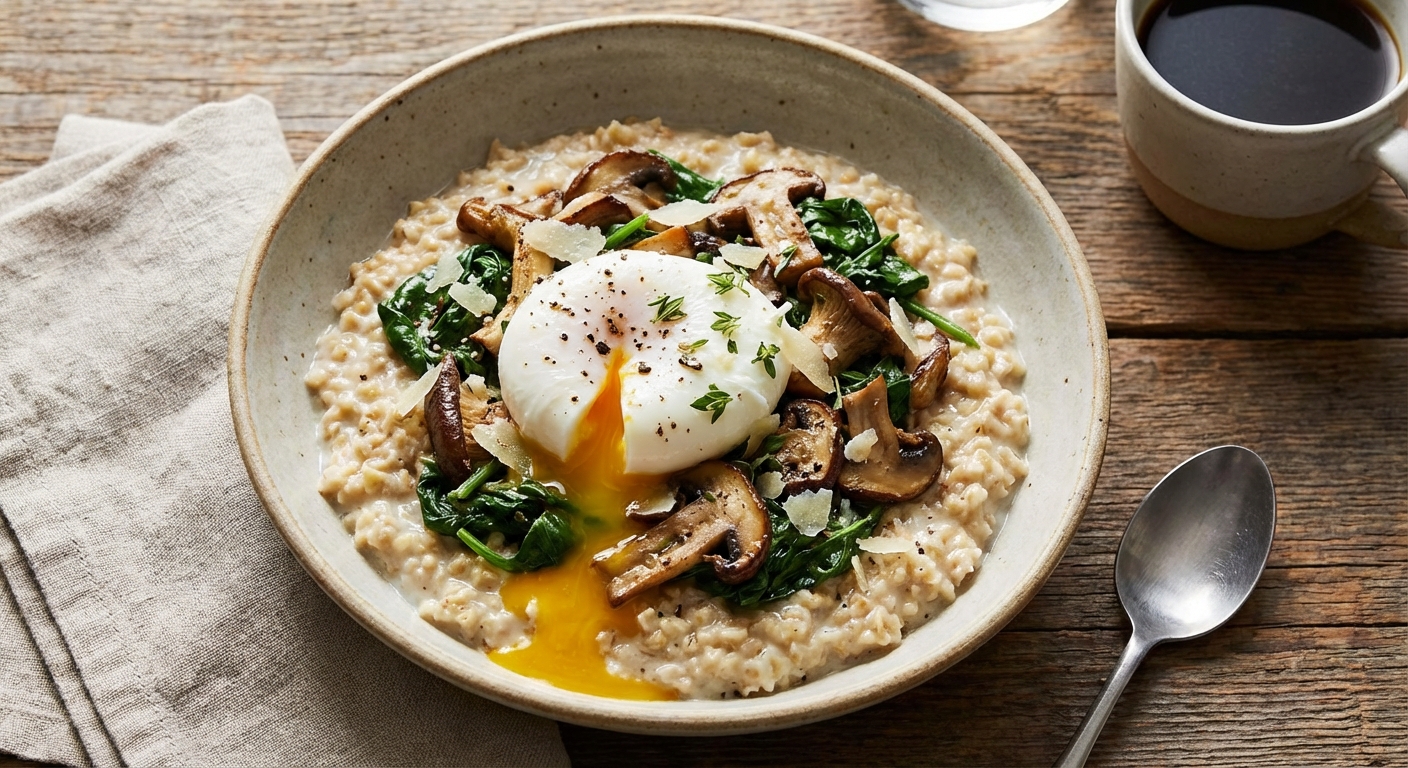 Savory Oatmeal with Poached Egg, Spinach & Mushrooms