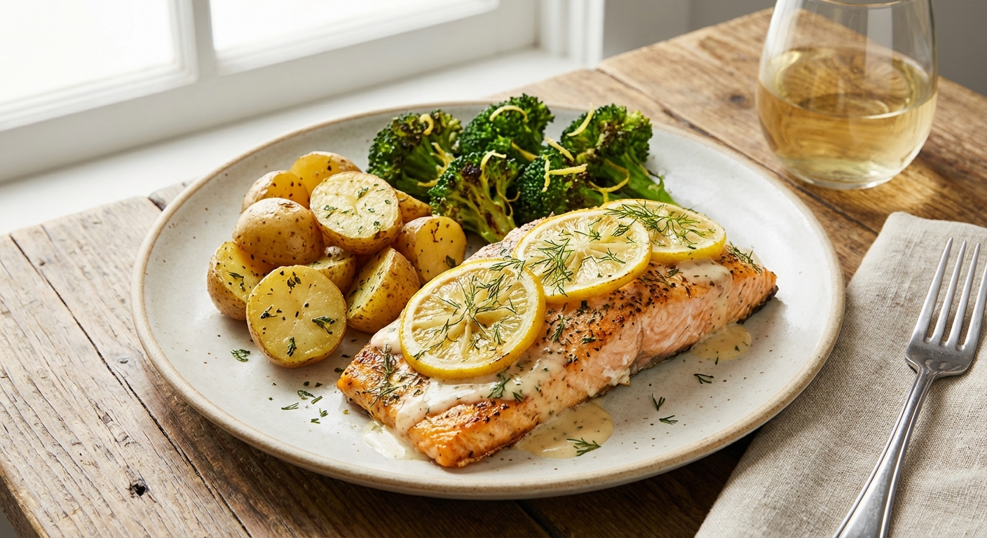 Baked Lemon-Dill Salmon with Roasted Baby Potatoes & Broccoli