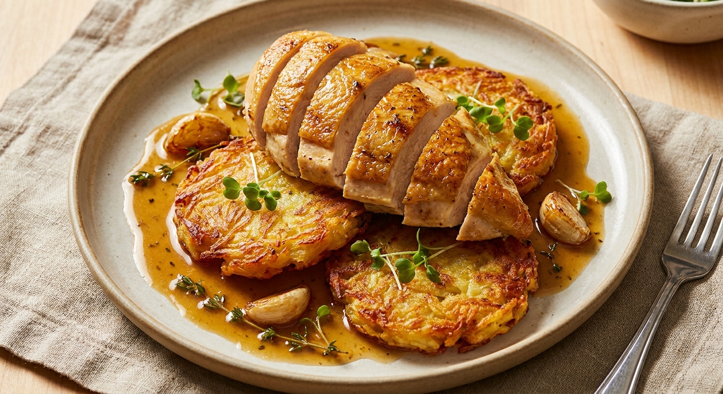 Pan-Roasted High-Protein Chicken with Crispy Potato Cakes and Garlic Pan Jus