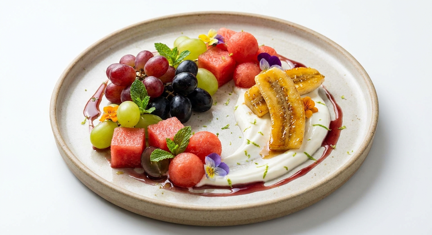 Summer Tri-Grape & Watermelon Medley with Caramelized Bananas, Honey-Lime Yogurt & Grape Gastrique