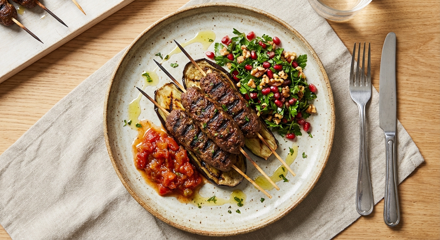 Spiced Beef Kofta with Grilled Eggplant, Tomato Chutney & Walnut-Parsley Salad