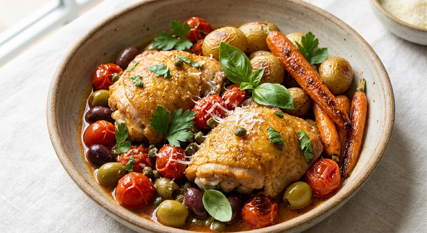 Braised Italian-Style Chicken Thighs with Tomatoes, Olives & Roasted Carrots