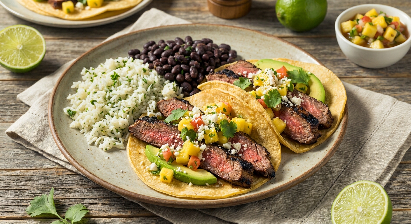 Seared Chipotle Flank Steak Tacos with Pineapple Salsa & Cilantro‑Lime Rice