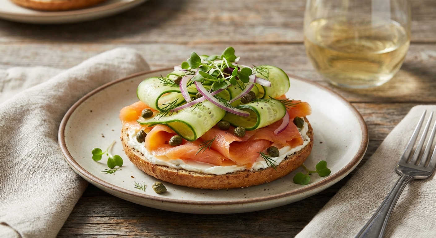 Smoked Salmon on Whole-Grain Bagel Thin with Cucumber & Capers