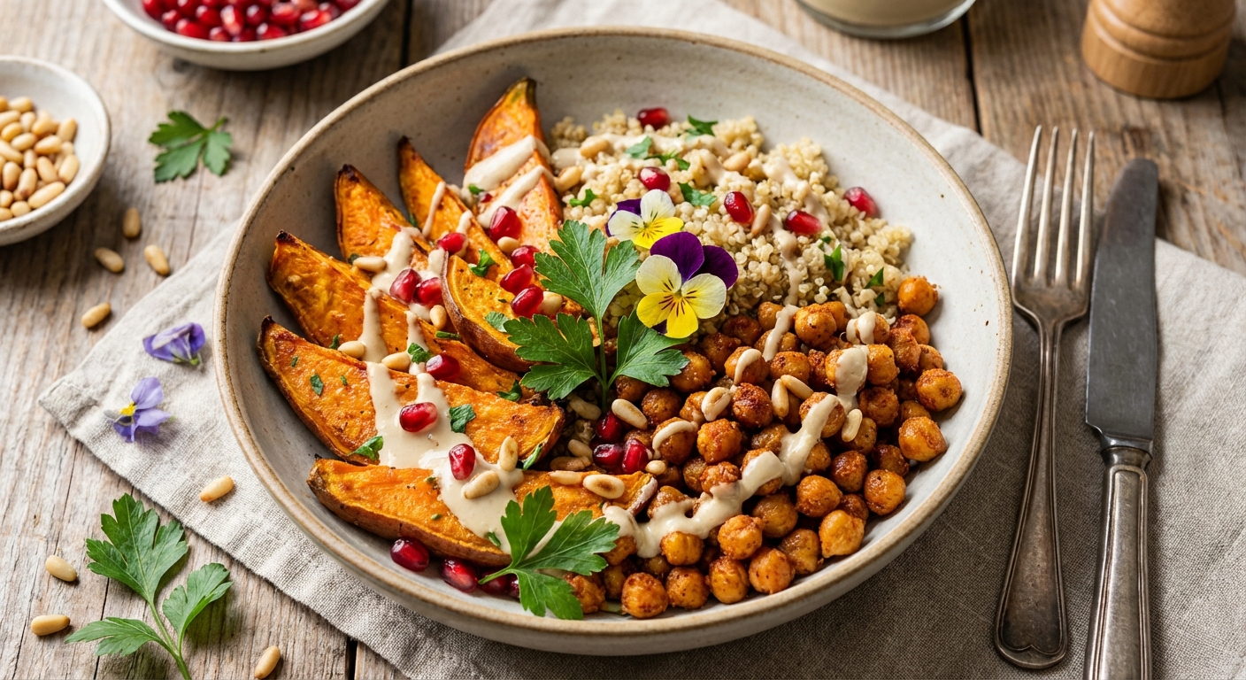 Roasted Sweet Potato & Chickpea Quinoa Salad with Tahini-Lemon Dressing