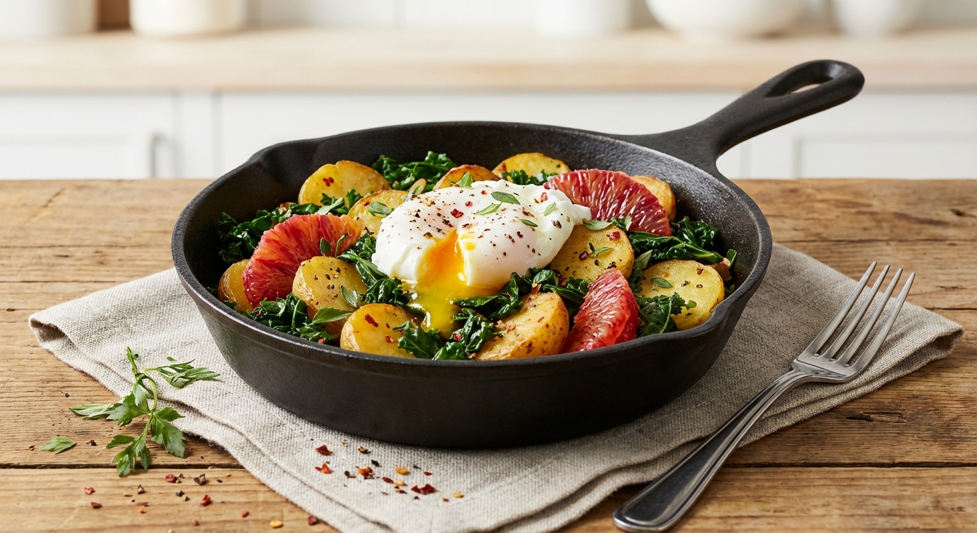 Crispy Skillet Yukon Golds with Poached Egg, Garlicky Kale & Blood-Orange Segments