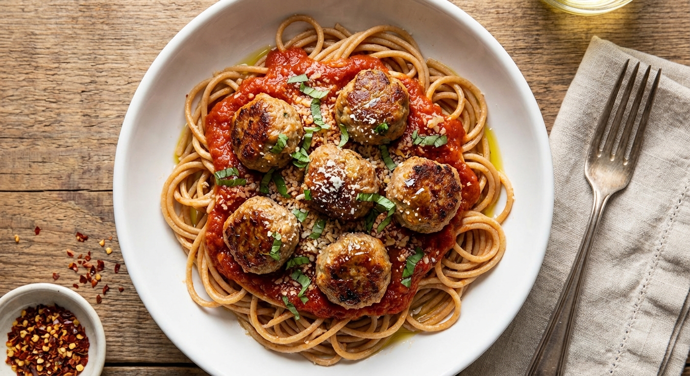 Italian Turkey Meatballs in Marinara with Whole-Wheat Spaghetti