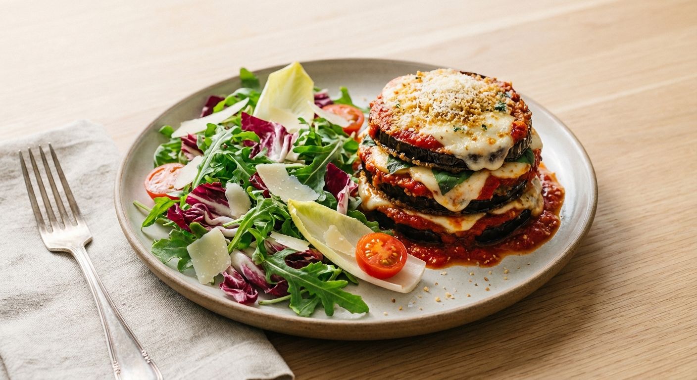 Eggplant Parmesan with Mixed Green Salad