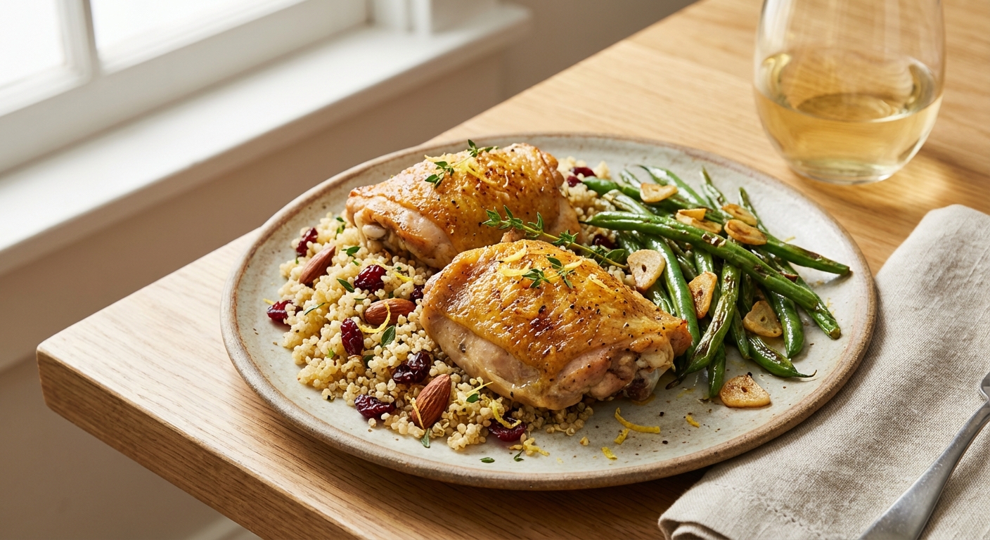 Roast Chicken Thighs with Quinoa Pilaf & Garlicky Green Beans