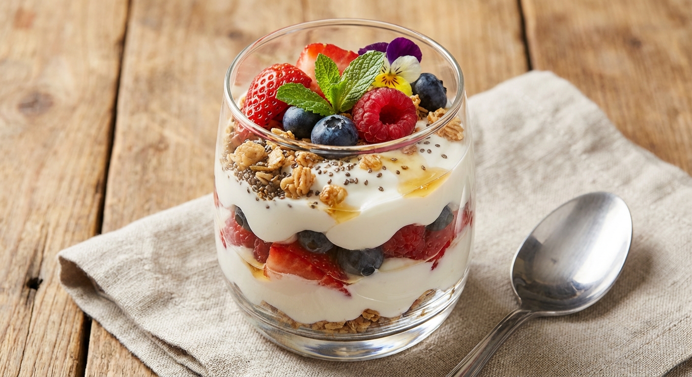 American Greek-Yogurt Berry Parfait with Granola & Chia