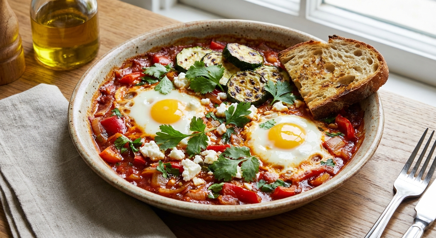 Baked Eggs in Spiced Tomato-Pepper Sauce with Grilled Zucchini