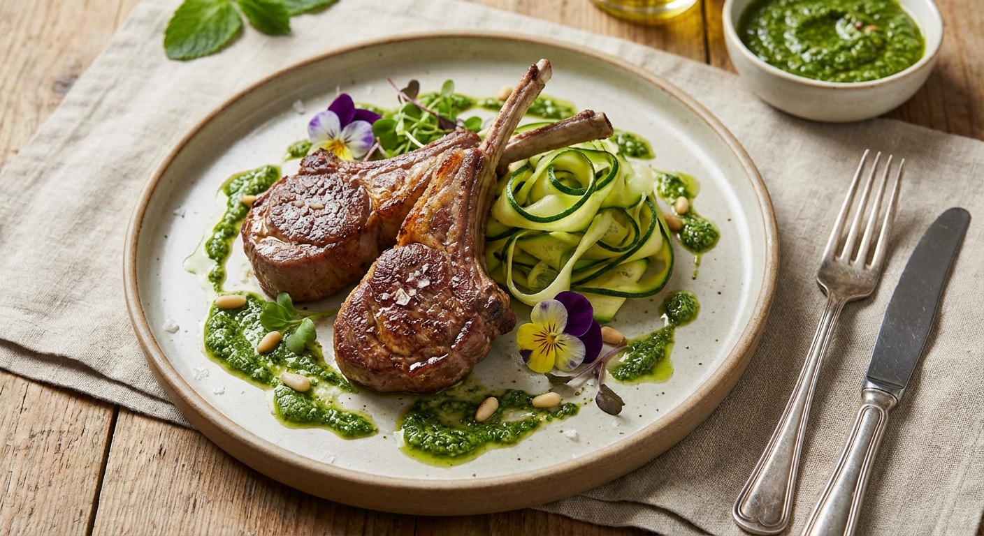 Lamb Chops with Mint Pesto and Zucchini Ribbons