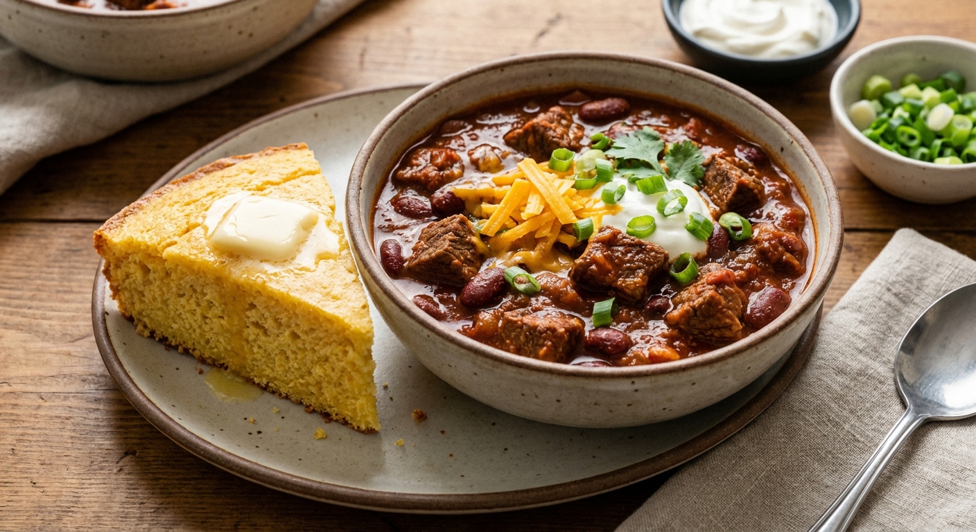Hearty Beef & Kidney Bean Chili with Egg-free Fluffy Cornbread