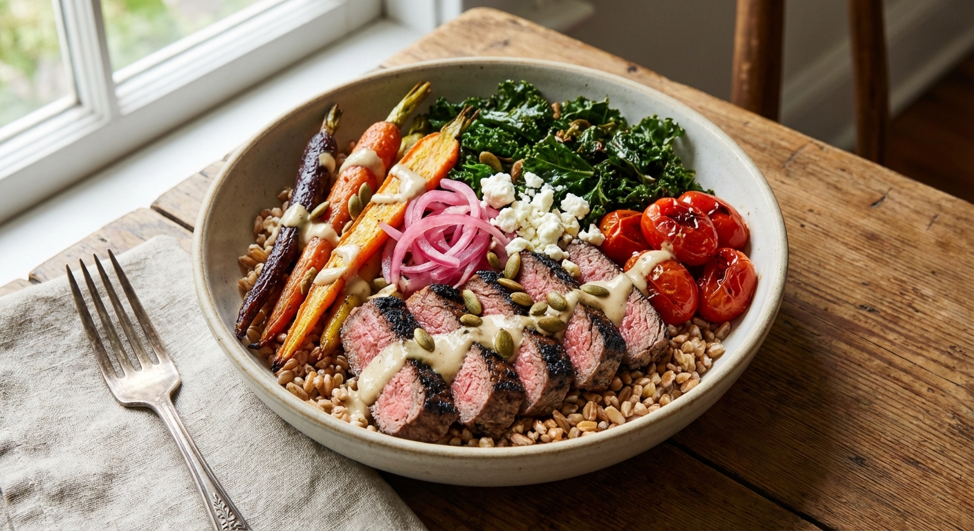 Beef & Farro Grain Bowl with Roasted Carrots & Kale