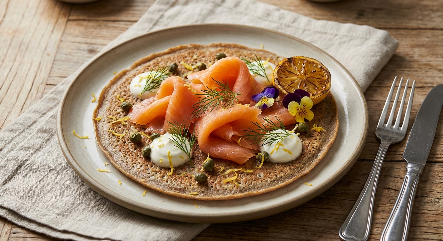 Savory Buckwheat Pancake with Smoked Salmon, Dill & Lemon