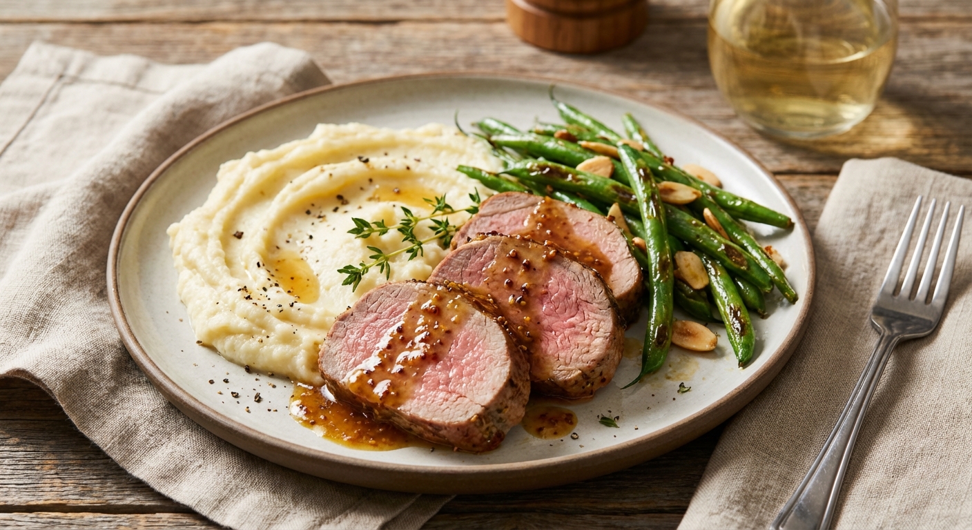 Pork Tenderloin with Mustard Glaze, Mashed Cauliflower & Sautéed Green Beans