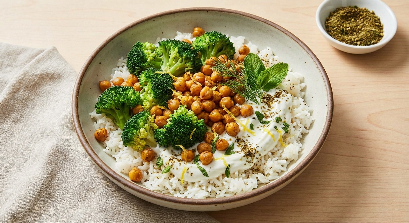 Steamed Lemon-Garlic Broccoli & Chickpea Bowl over Jasmine Rice with Za'atar Yogurt