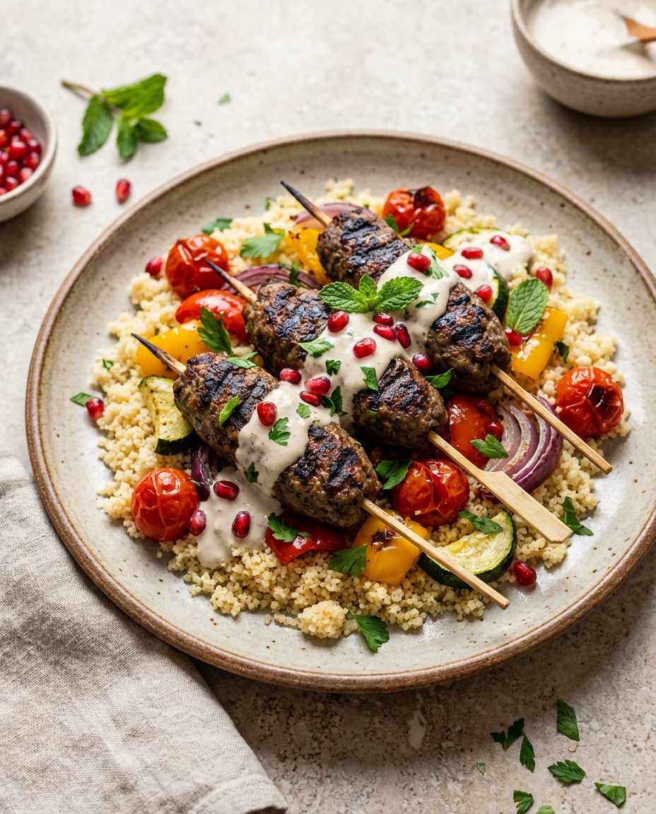 Grilled Lamb Kofta with Tahini-Yogurt Sauce, Couscous & Roasted Vegetables
