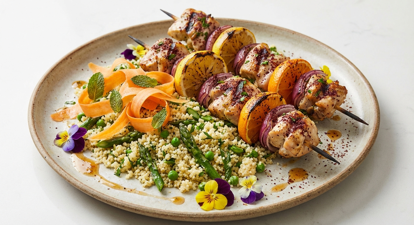 Charred Citrus–Sumac Chicken Skewers with Spring Vegetable Herb Couscous & Minted Carrot Ribbons
