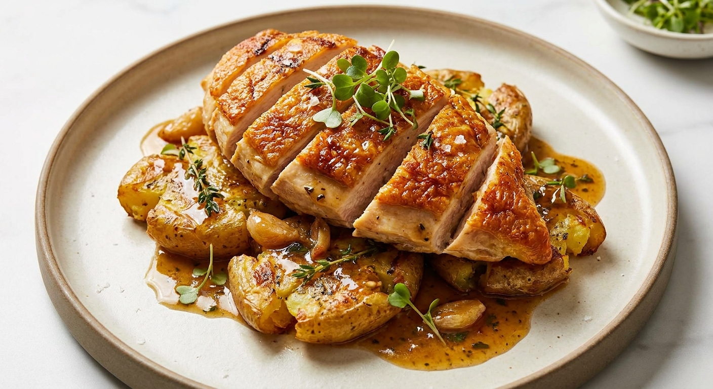 Crispy Pan-Seared Chicken Breast with Smashed Golden Potatoes & Garlic Brown-Butter Jus