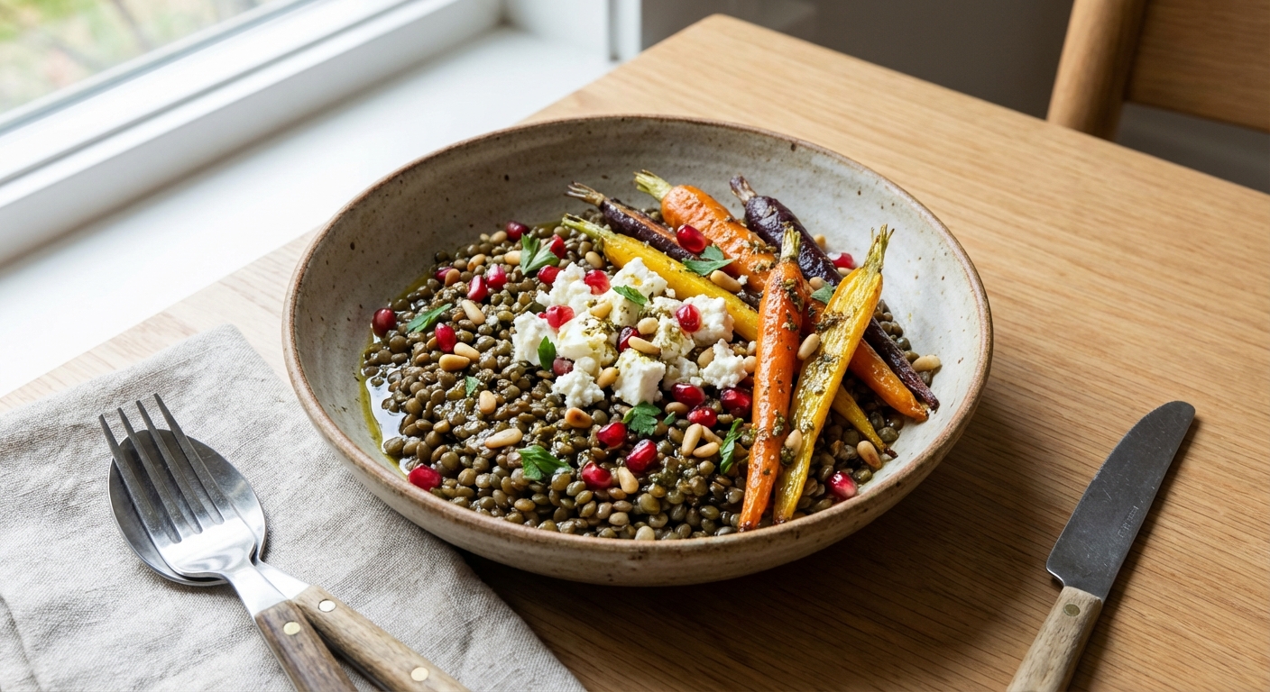 Warm Lentil, Roasted Carrot & Feta Bowl with Za'atar Olive Oil Drizzle