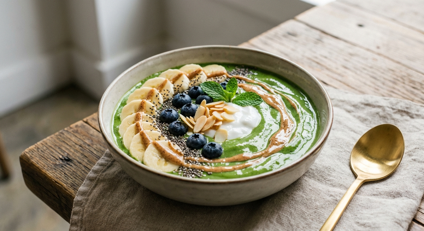 Green Smoothie Bowl with Banana, Spinach, Pea Protein & Almond Butter