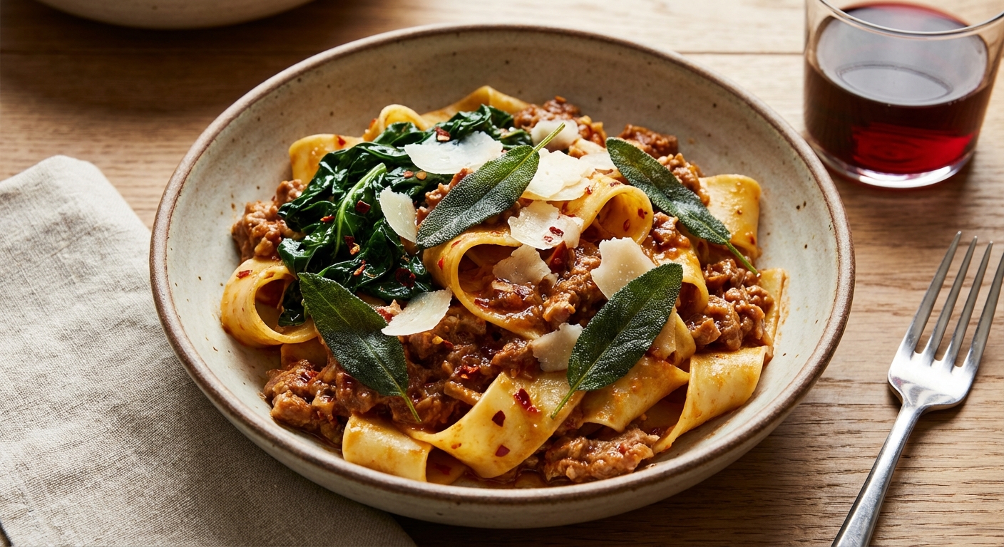 Quick Spicy Pork Ragù Pappardelle with Garlicky Winter Greens and Crispy Sage