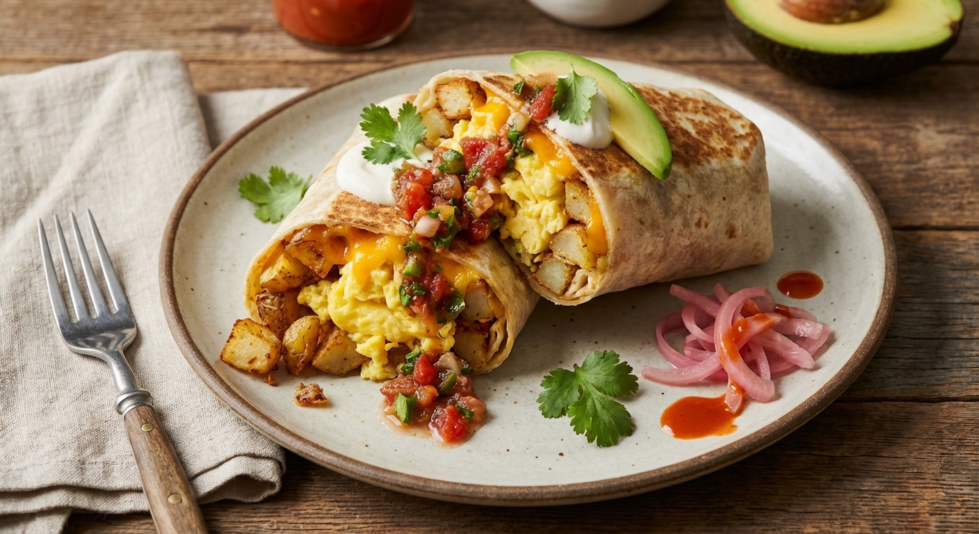 Breakfast Burrito with Eggs, Potatoes, Cheddar, and Salsa