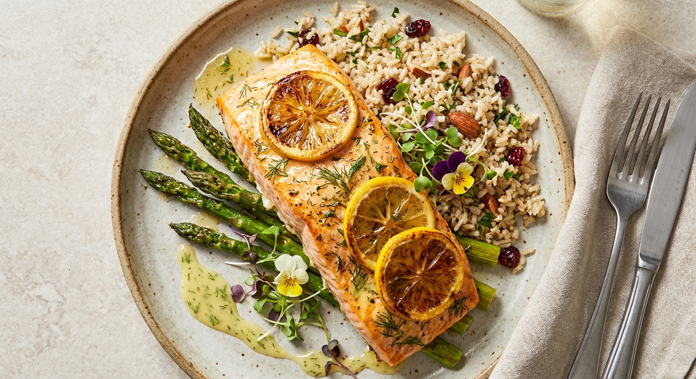 Lemon-Baked Salmon with Roasted Asparagus and Brown Rice
