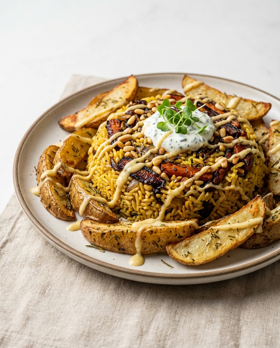 Caramelized Carrot & Onion Pilaf with Herbed Crispy Potatoes and Garlic-Butter Drizzle