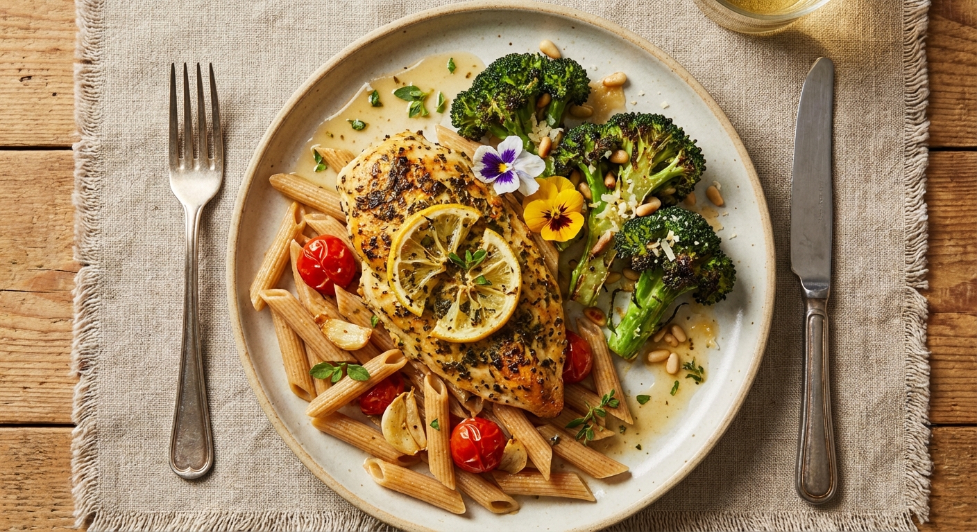 Baked Lemon-Herb Chicken with Whole-Wheat Penne & Roasted Broccoli