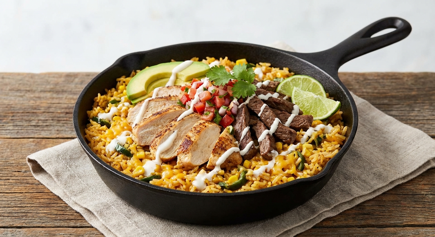 Tex‑Mex Cheesy Butter Rice with Seared Chicken & Sautéed Beef (Dual‑Protein Skillet)