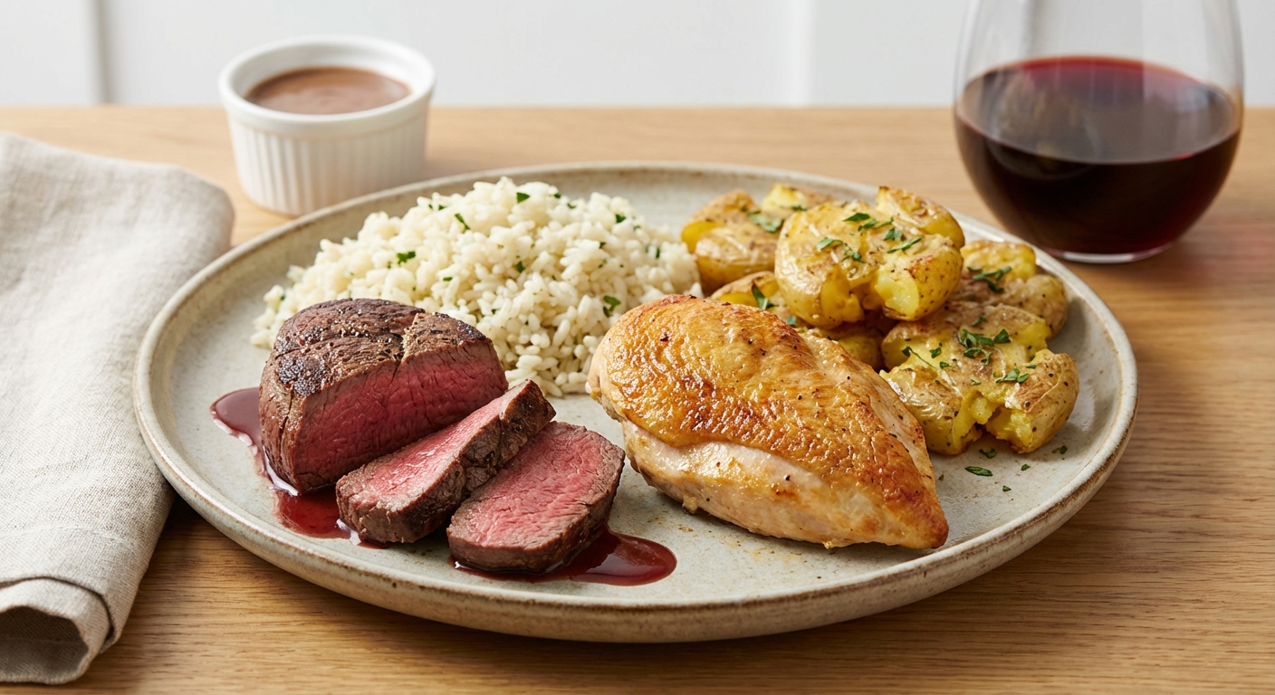 Bistro Duo: Seared Beef & Pan-Roasted Chicken with Garlic-Herb Rice and Crispy Smashed Potatoes