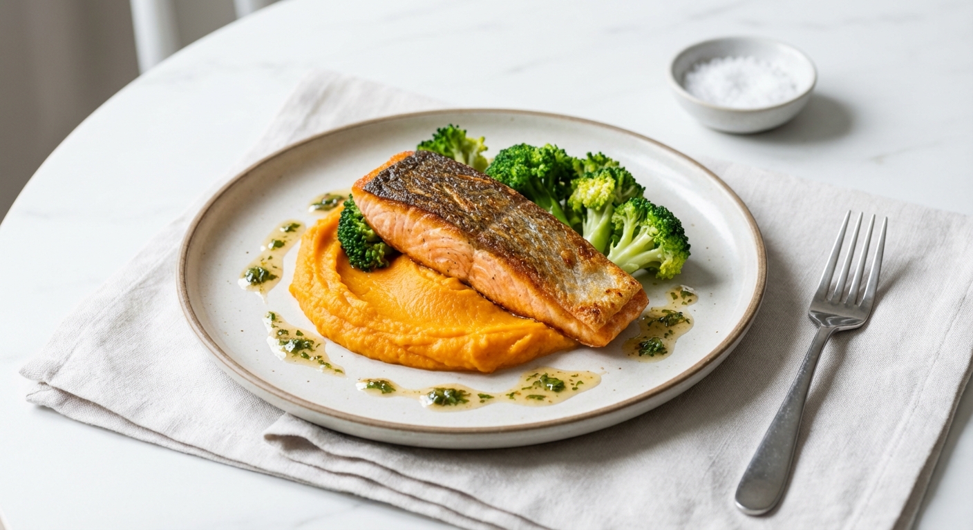 Pan-Seared Salmon with Broccoli & Sweet Potato Mash