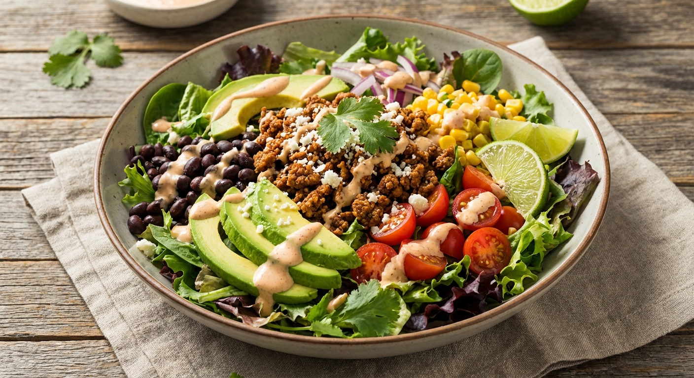 Taco Salad with Seasoned Ground Turkey, Black Beans & Avocado