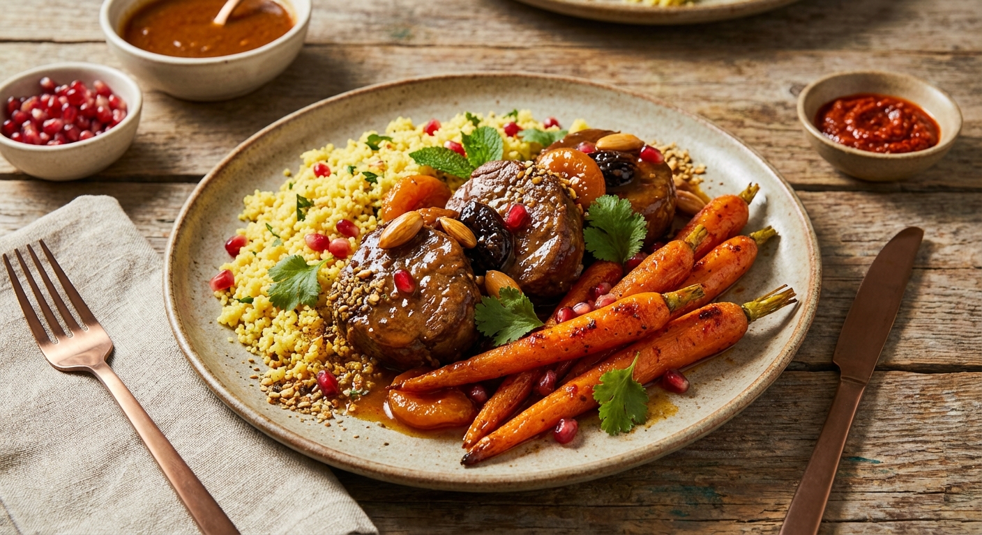 Quick Moroccan-Style Braised Beef Medallions with Saffron Couscous & Roasted Carrots