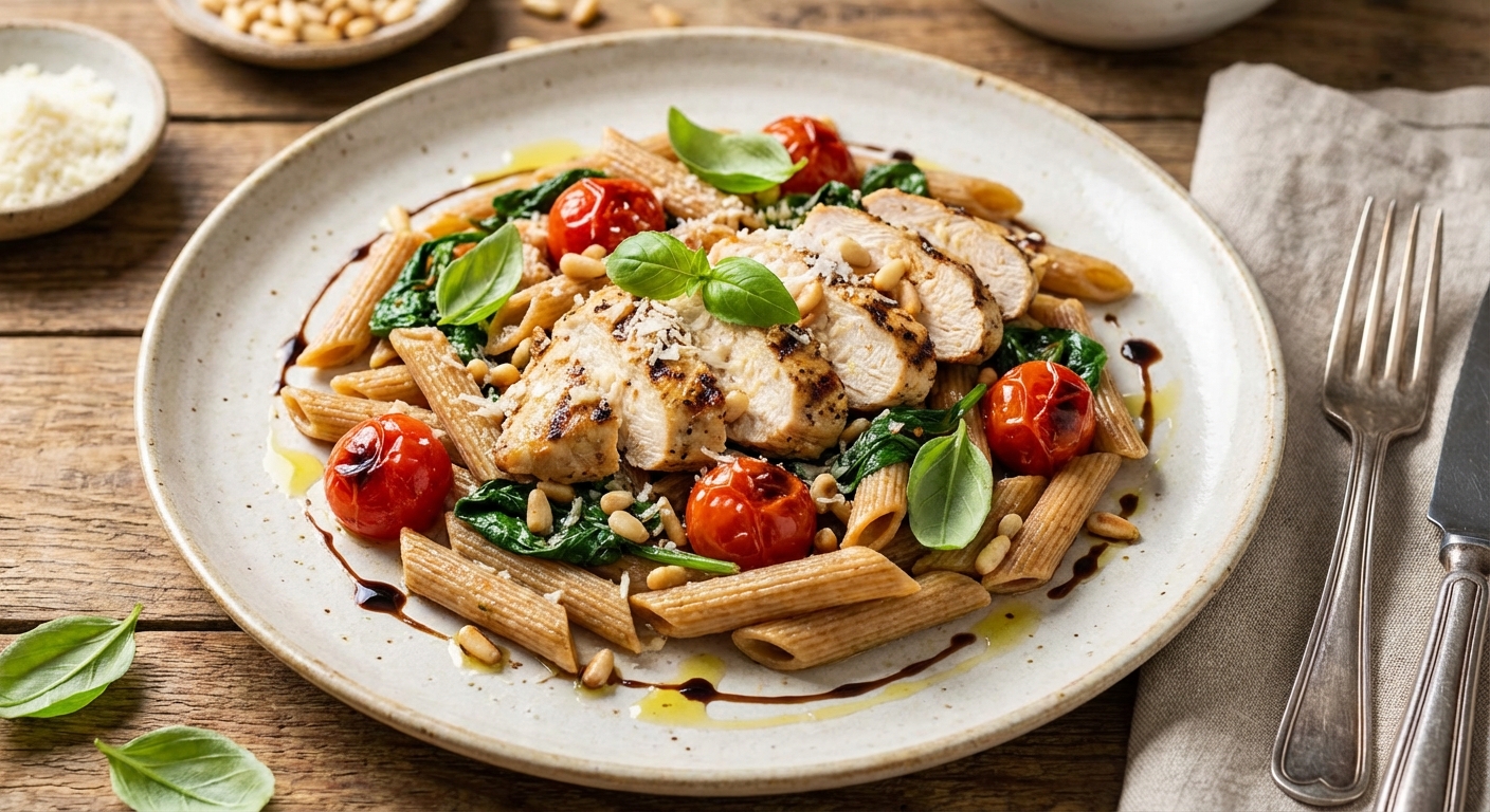 Whole-Wheat Penne with Grilled Chicken, Cherry Tomatoes & Spinach