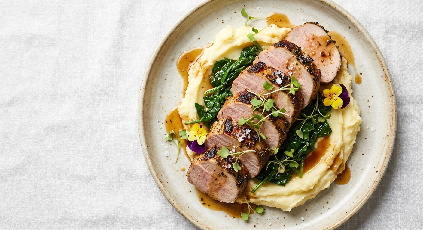 Roasted Pork Tenderloin with Garlic Mashed Potatoes & Sautéed Spinach