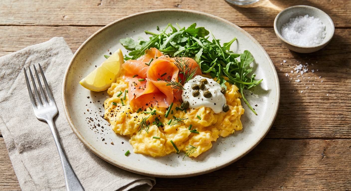 Quick Scrambled Eggs with Smoked Salmon & Arugula