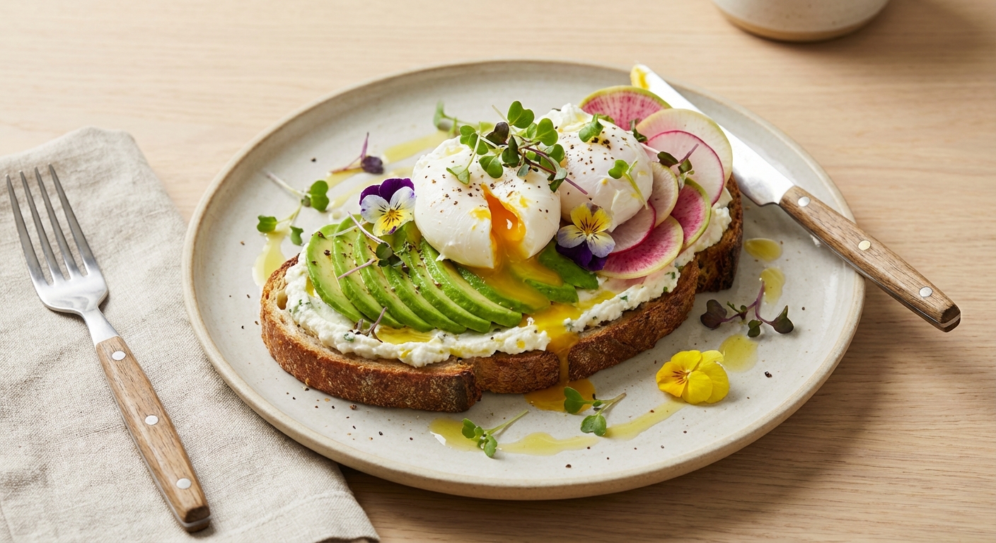 Spring Radish & Avocado Toast with Soft-Poached Eggs and Lemon-Chive Ricotta