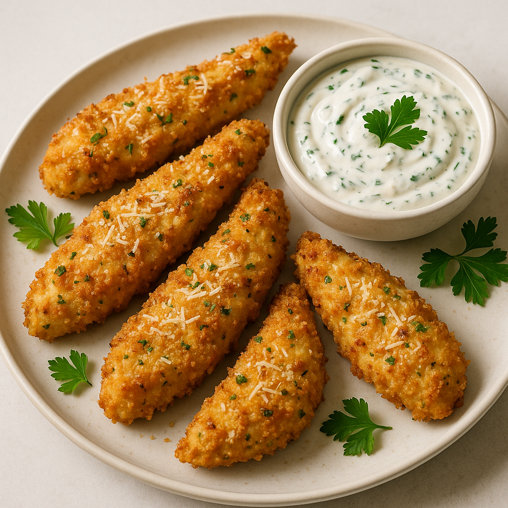 Garlic Parmesan Chicken Strips with Creamy Herb Dip