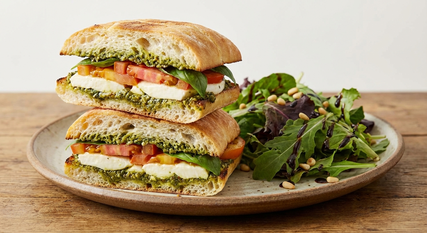 Caprese Pesto Sandwich with Mixed Greens