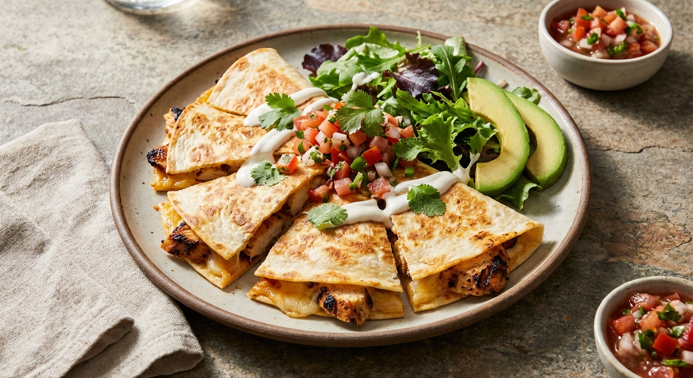 Grilled Chicken Quesadilla with Pico & Greens