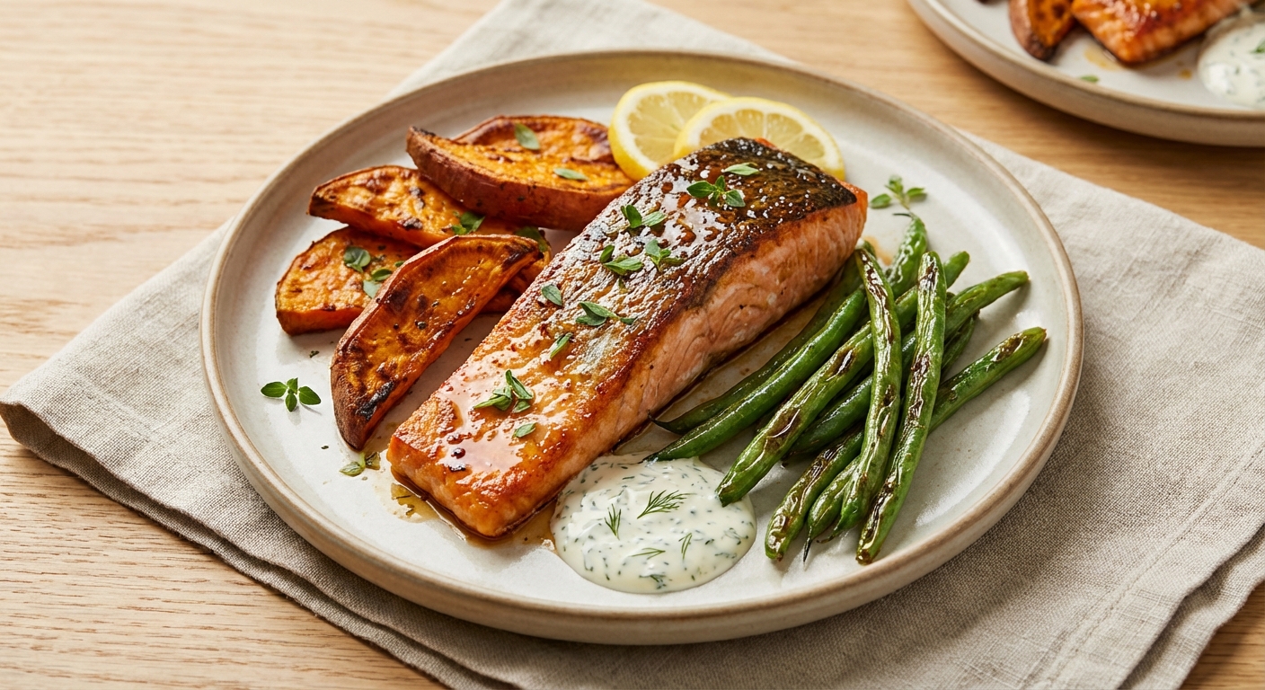 Baked Salmon with Roasted Sweet Potato & Green Beans