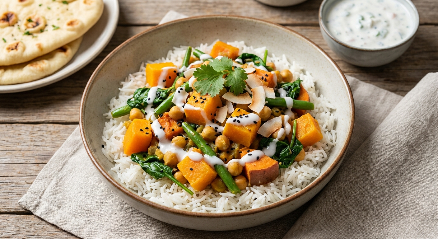 Vegetable Curry with Chickpeas and Coconut Milk on Basmati Rice