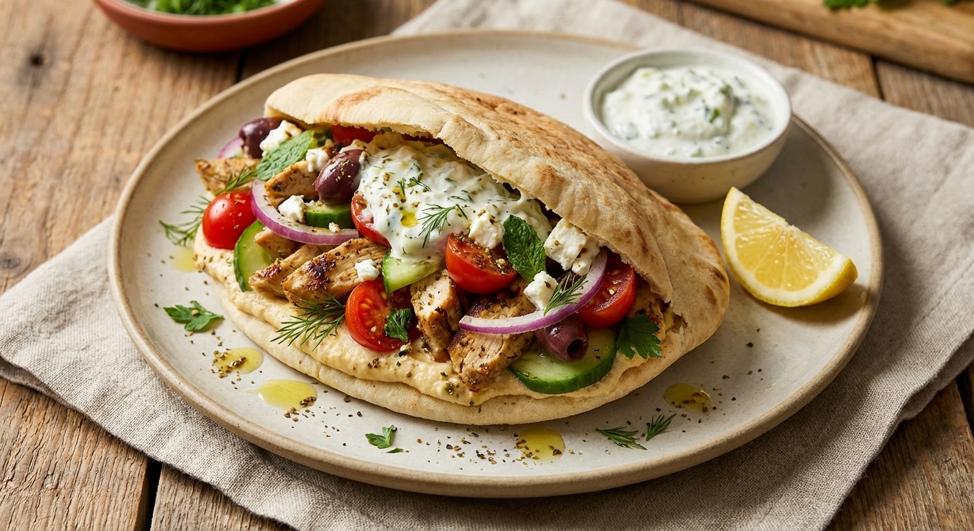 Mediterranean Chicken Pita with Hummus & Tzatziki