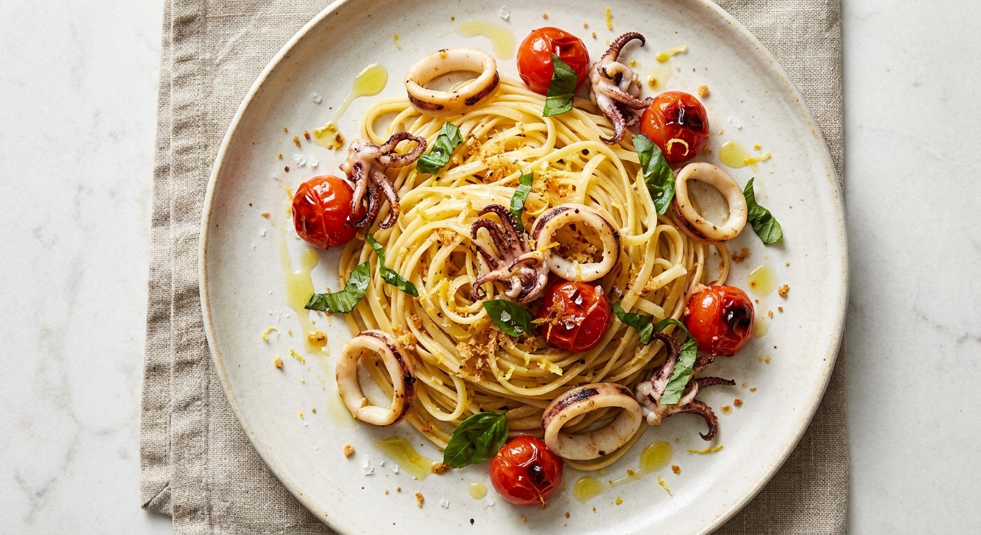 Linguine al Limone with Quickly Grilled Calamari, Cherry Tomatoes & Basil